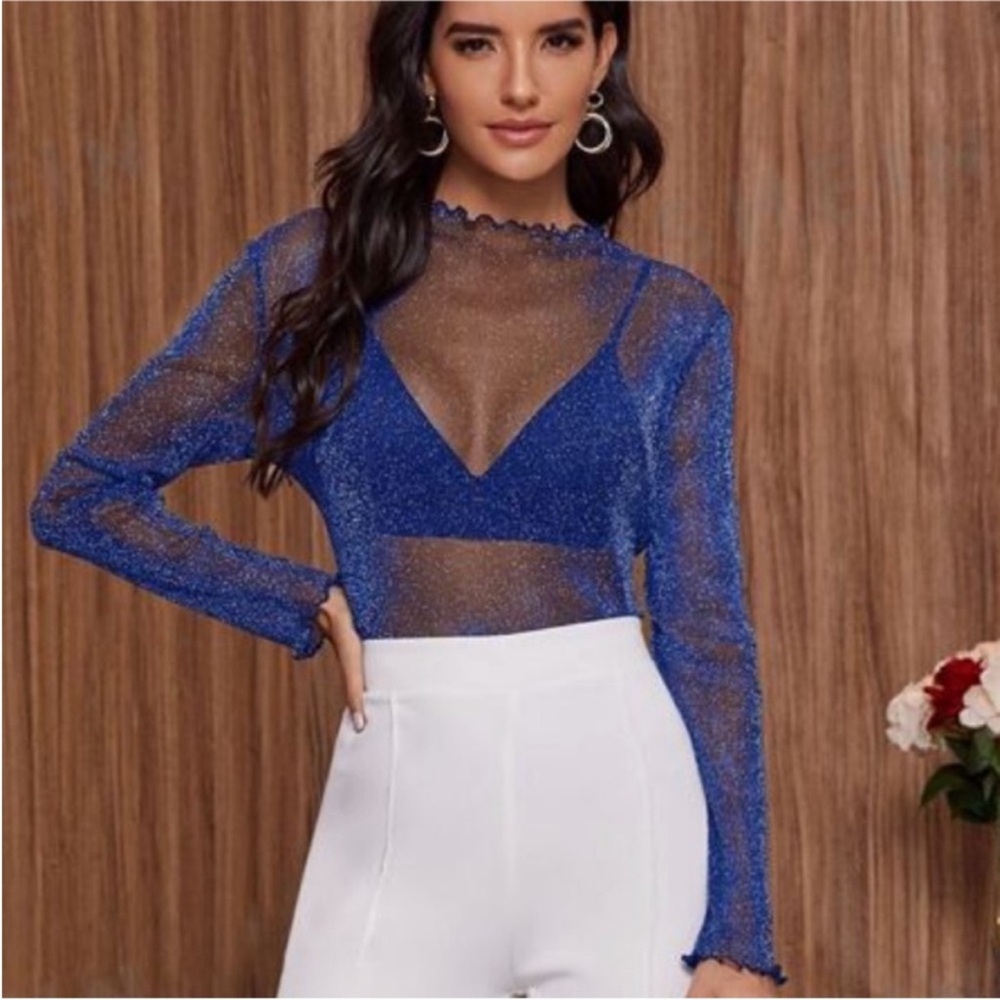 Royal Blue Lurex Lettuce Trim Mesh Mock Turtle Neck Long Sleeve Top Sz L New